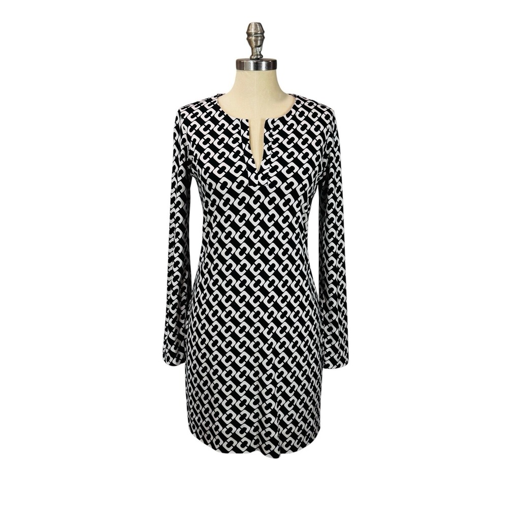Diane Von Furstenberg Dress Womens 8 Black‎ White Silk Geometric Shift Mini DVF